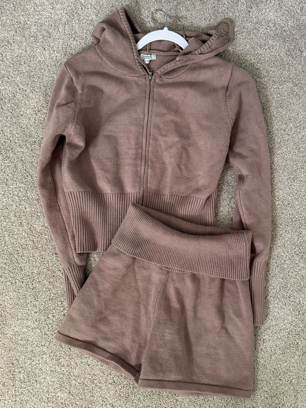 Women's Taupe Knit Zip Hoodie & Shorts Set